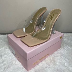 Nude Patent Leather Thong Heels Size 7